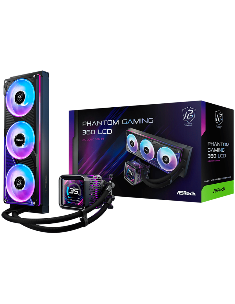 Водно охлаждане за процесор ASROCK PHANTOM GAMING 360 LCD, 360mm, LCD дисплей, AM5/AM4/LGA1851/LGA1700, ARGB - 4711581492455 - 1