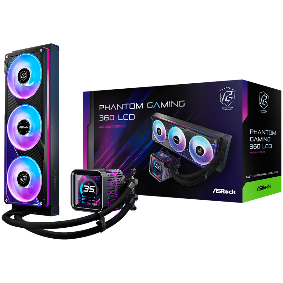 Водно охлаждане за процесор ASROCK PHANTOM GAMING 360 LCD, 360mm, LCD дисплей, AM5/AM4/LGA1851/LGA1700, ARGB - 4711581492455