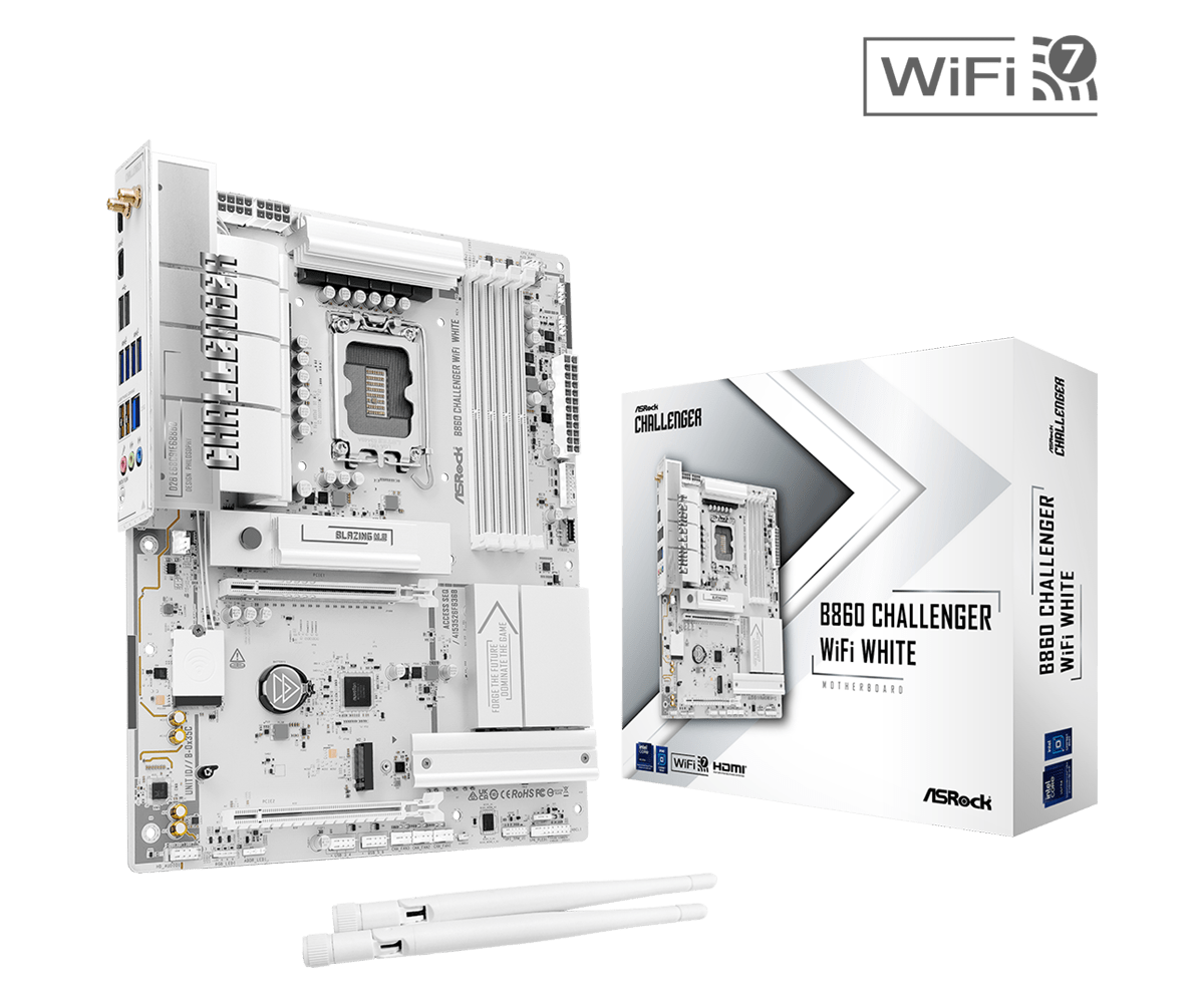 Дънна платка ASRock B860 Challenger White WIFI, LGA 1851, Intel B860, DDR5 до 256GB, PCIe 5.0, Wi-Fi 7 - 4711581494183