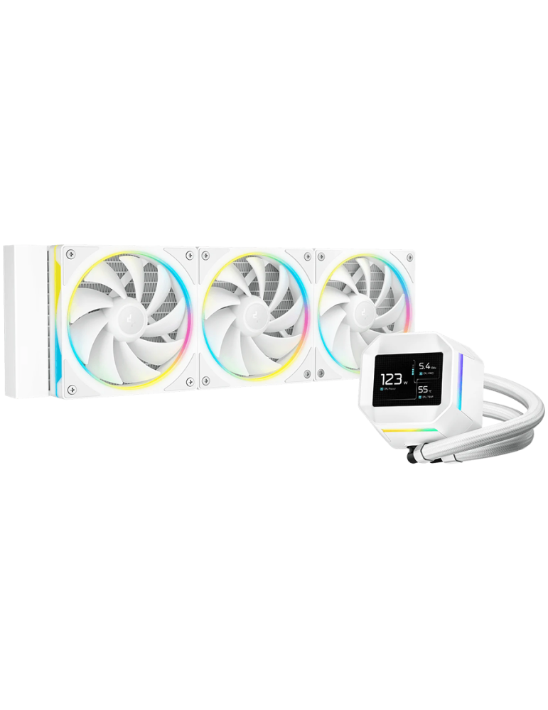 Водно охлаждане за процесор DeepCool LM360 WH, 360mm Liquid Cooling, 2.4" IPS LCD, 3x120mm PWM ARGB, Fluid Dynamic Bearing, Intel LGA1851/1700/1200/1151/1150/1155, AMD AM5/AM4 - R-LM360-WHDMMC-1 - 1