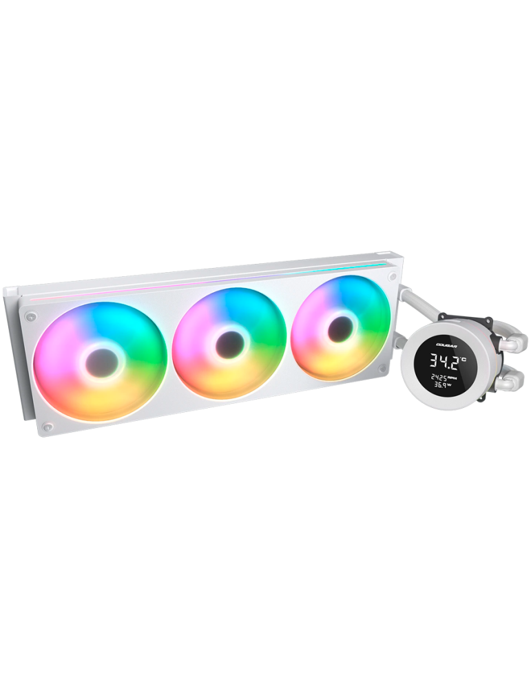 Водно охлаждане за процесор COUGAR Poseidon Vistek ARGB 360, 360mm AiO Liquid Cooling, 3x120mm вентилатора, LCD дисплей, Socket 1366-1851/AM3-AM5 - CGR-PSDVARGB-W-360 - 2
