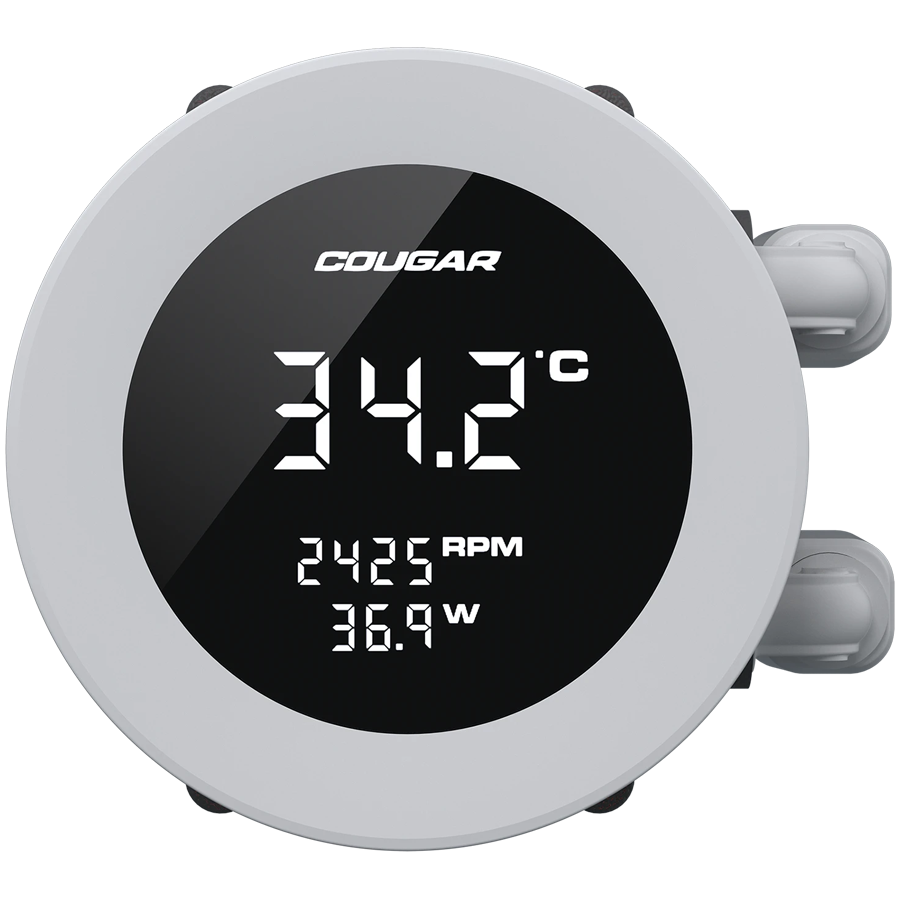 Водно охлаждане за процесор COUGAR Poseidon Vistek ARGB 360, 360mm AiO Liquid Cooling, 3x120mm вентилатора, LCD дисплей, Socket 1366-1851/AM3-AM5 - CGR-PSDVARGB-W-360 - 3
