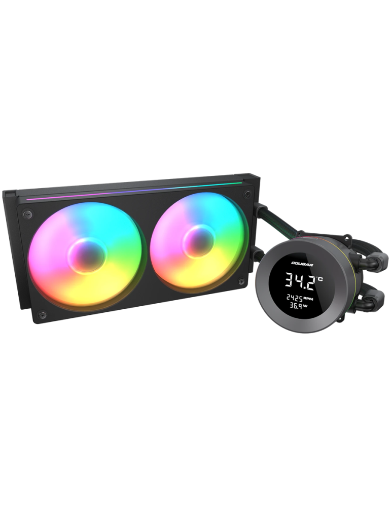 Водно охлаждане за процесор COUGAR Poseidon Vistek ARGB 240 AiO, 240mm Liquid Cooling, 2x120mm вентилатора, LCD дисплей, PWM Control, RGB LED, Socket 1366/AM3/1156/1155/FM1/FM2/1150/1151/AM4/1200/1700/AM5/1851 - CGR-PSDVARGB-B-240 - 2