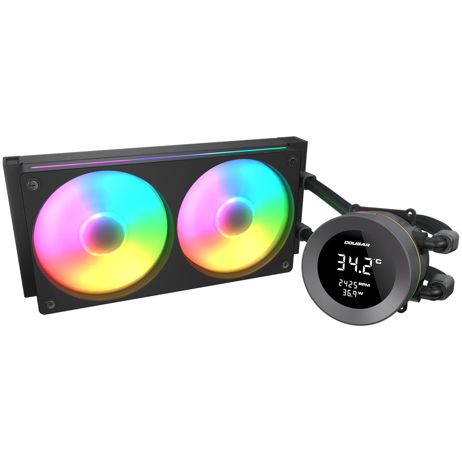 Водно охлаждане за процесор COUGAR Poseidon Vistek ARGB 240 AiO, 240mm Liquid Cooling, 2x120mm вентилатора, LCD дисплей, PWM Control, RGB LED, Socket 1366/AM3/1156/1155/FM1/FM2/1150/1151/AM4/1200/1700/AM5/1851 - CGR-PSDVARGB-B-240 - 2
