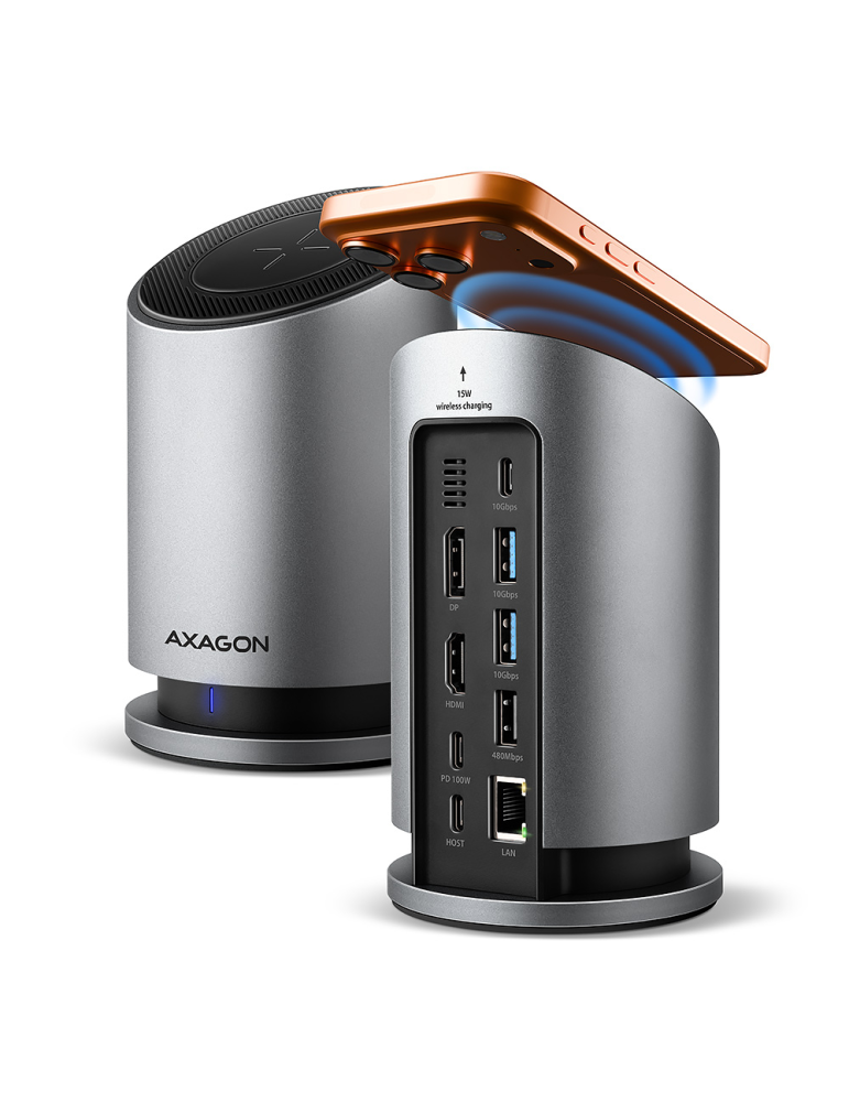 Докинг станция AXAGON MC-WL9, USB-C 10Gbps Wireless Charging 9in1 - 8595247908735 - 1