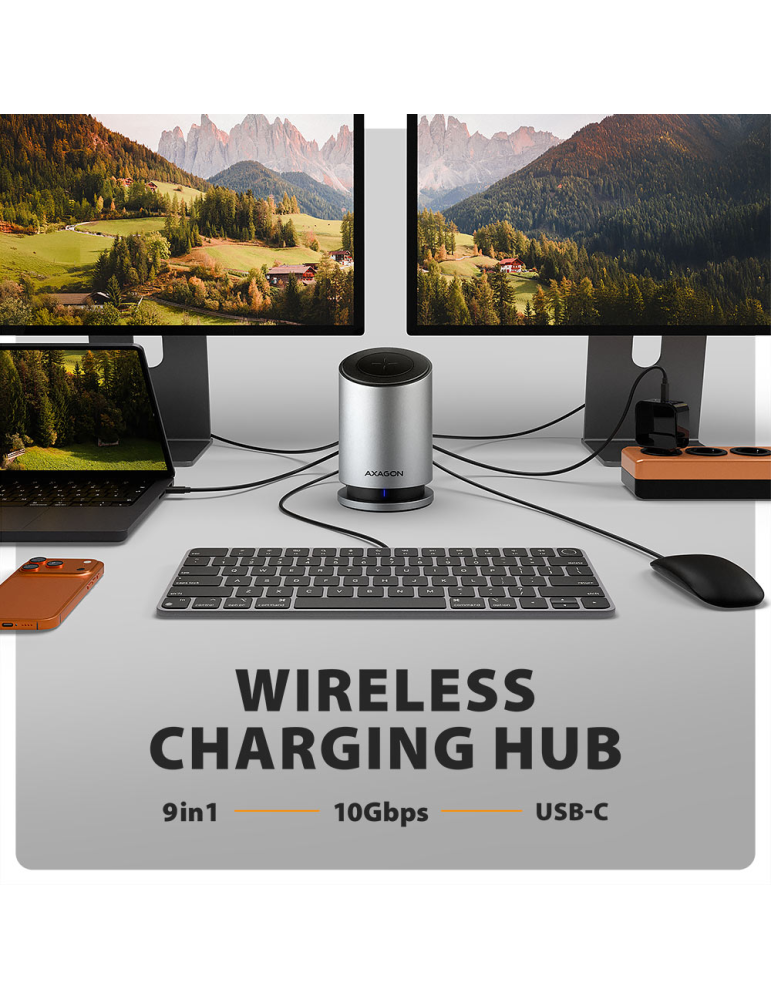Докинг станция AXAGON MC-WL9, USB-C 10Gbps Wireless Charging 9in1 - 8595247908735 - 2