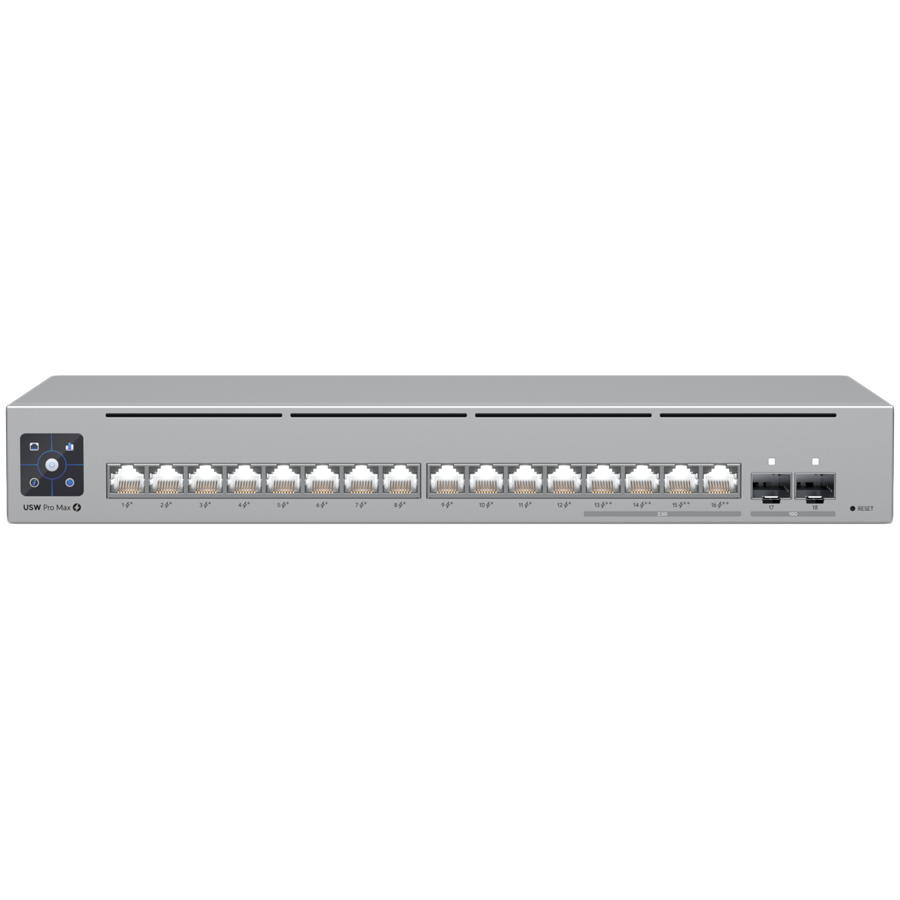 Суич UBIQUITI UniFi Switch Pro Max 16 PoE, 16x Gigabit RJ-45 PoE+, 2x SFP+ 10Gbps, Layer 2/3, управляем - USW-PRO-MAX-16-POE - 1