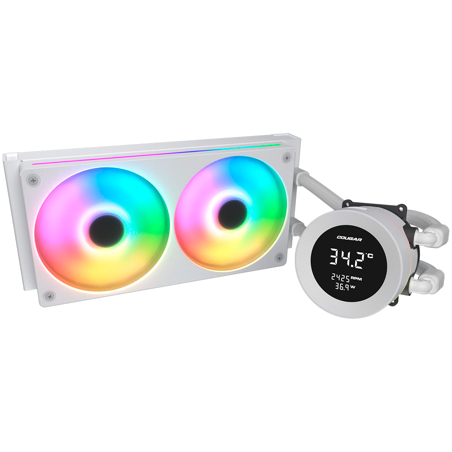 Водно охлаждане за процесор Cougar Poseidon Vistek ARGB 240, Liquid Cooling, 2x120mm вентилатори, LCD дисплей, Socket 1366/AM3/1156/1155/FM1/FM2/1150/1151/AM4/1200/1700/AM5/1851 - CGR-PSDVARGB-W-240 - 2