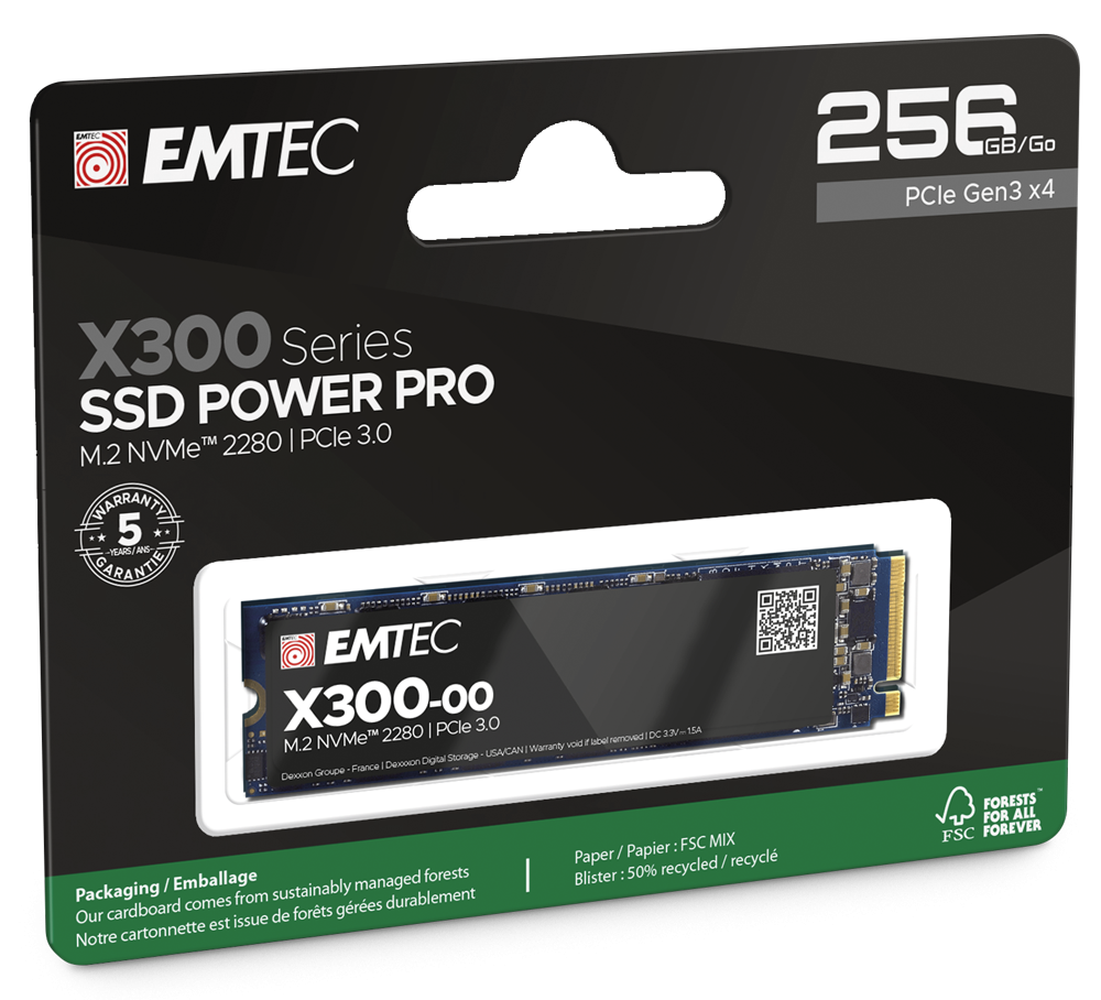 SSD диск EMTEC X300, 256GB NVMe M.2 PCIe Gen 3.0, до 2500/1200MB/s - ECSSD256GX300 - 1