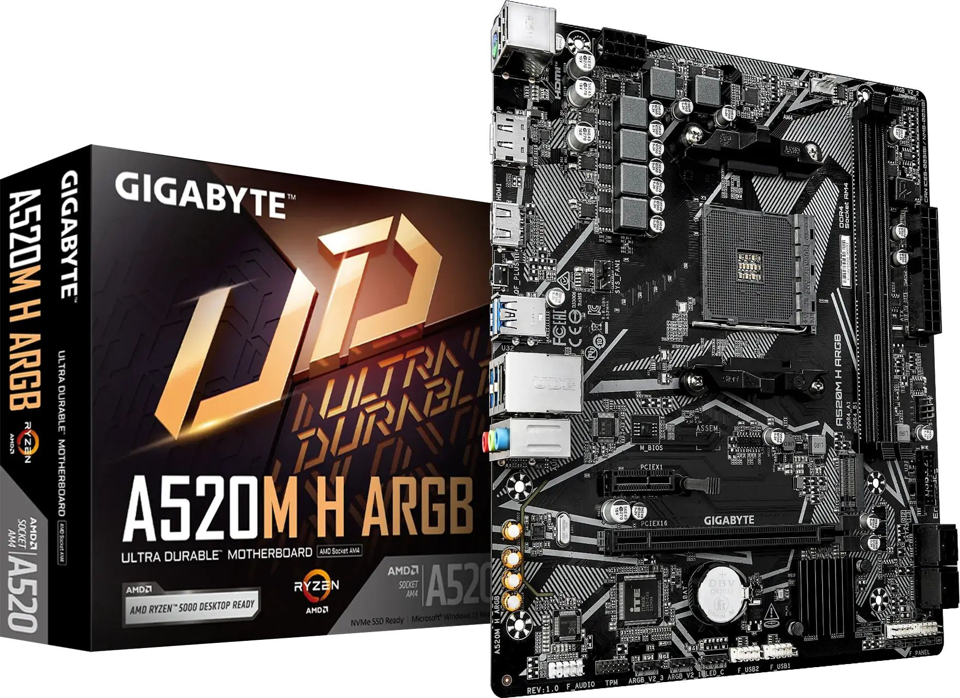 Дънна платка GIGABYTE A520M H aRGB, AM4, AMD A520, DDR4 64GB, 4x SATA3, 1x M.2 PCIe/SATA