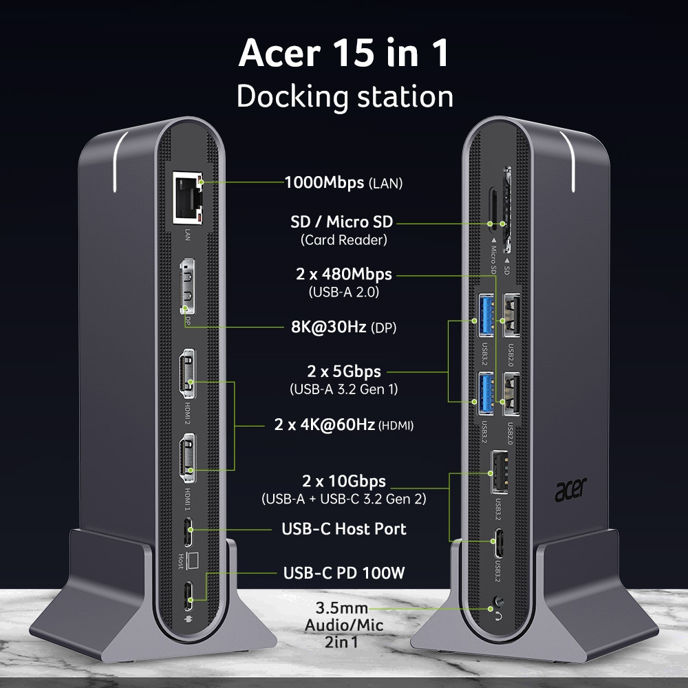 Докинг станция Acer Type-C Universal 15in1, 2x HDMI 4K@60Hz, 1x DisplayPort 8K@30Hz, 5x USB-A, 1x USB-C 100W, RJ45, SD/MicroSD, Audio 3.5mm - HP.DSCAB.022 - 3