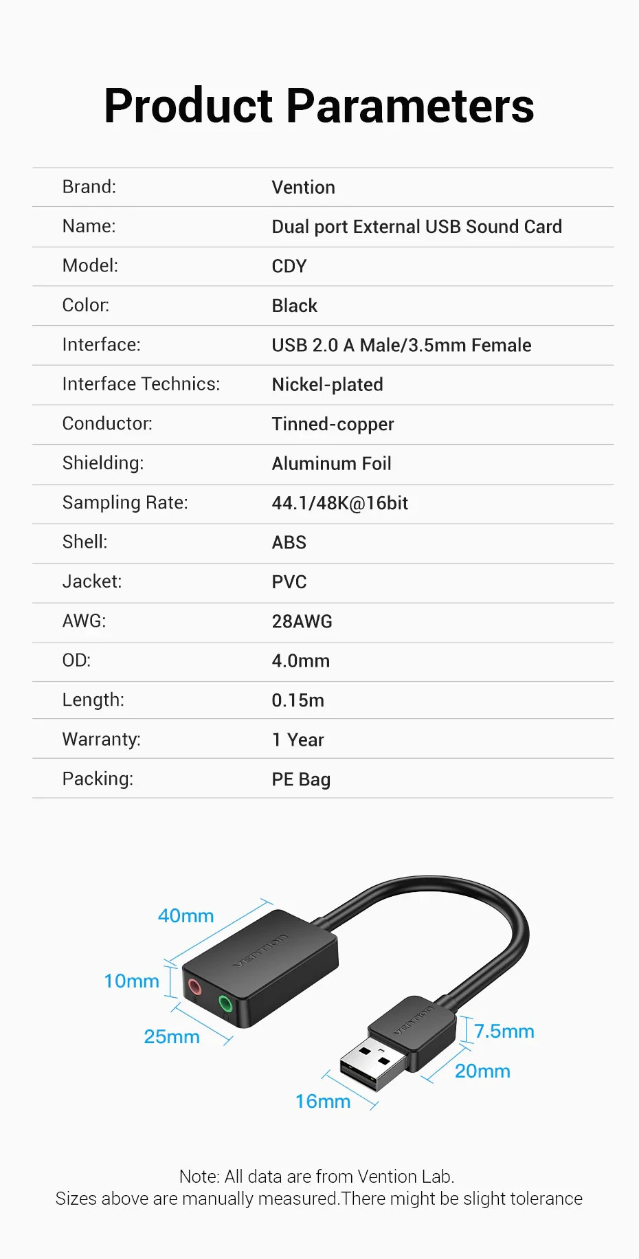 Външна звукова карта Vention CDYB0, USB 2.0, 3.5mm аудио/микрофон - CDYB0 - 13