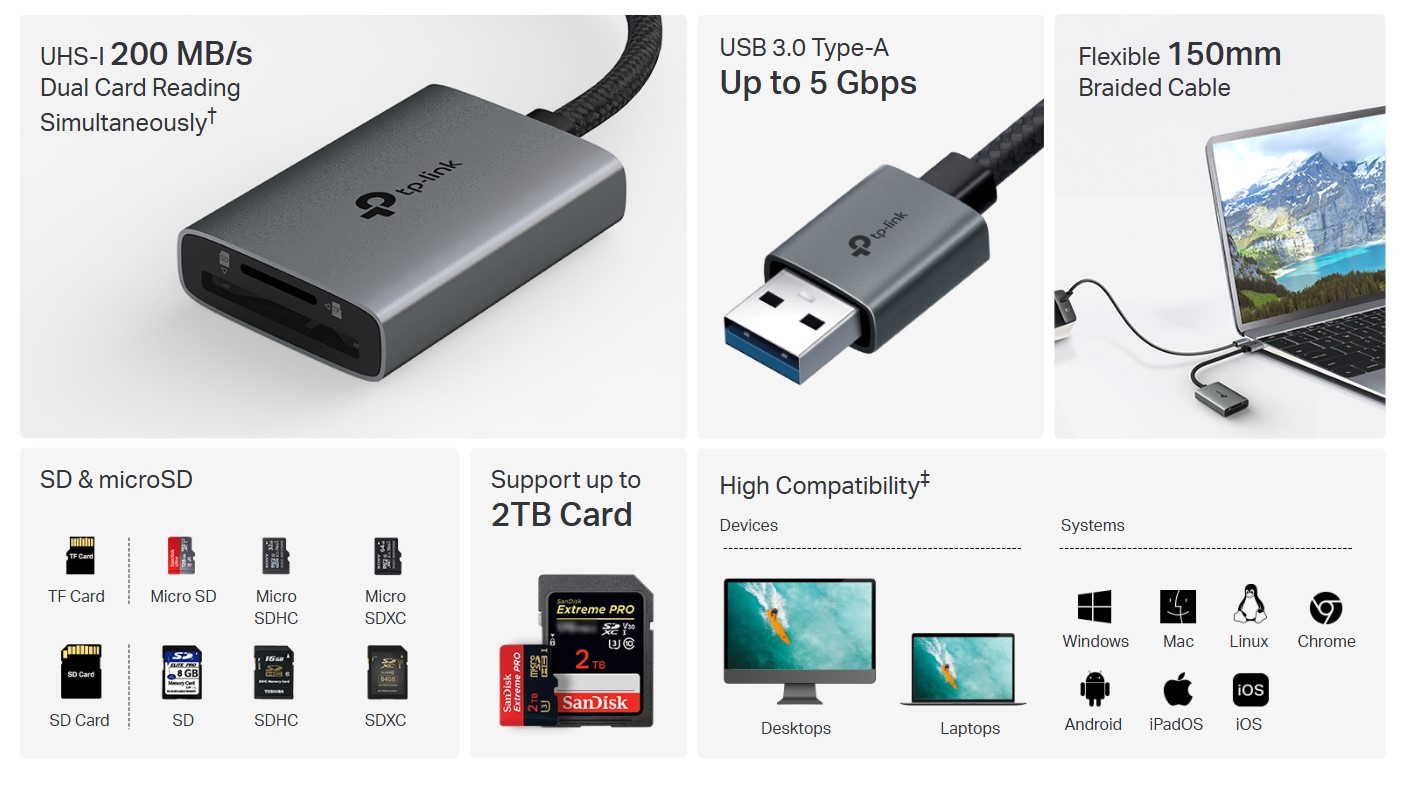 Четец на карти TP-LINK UA430, USB 3.0 Type-A, SD/microSD 3.0 - UA430 - 5