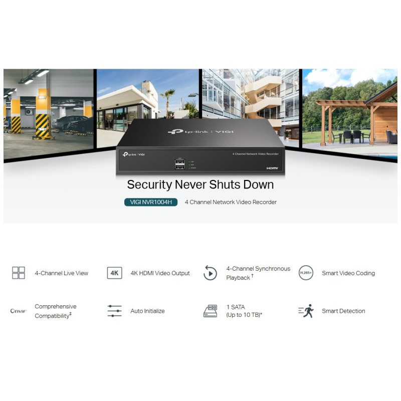 NVR TP-Link VIGI NVR1004H, 4-канален, RJ-45 10/100 Base-T, DC 12V/1.5A, до 10TB HDD - 5