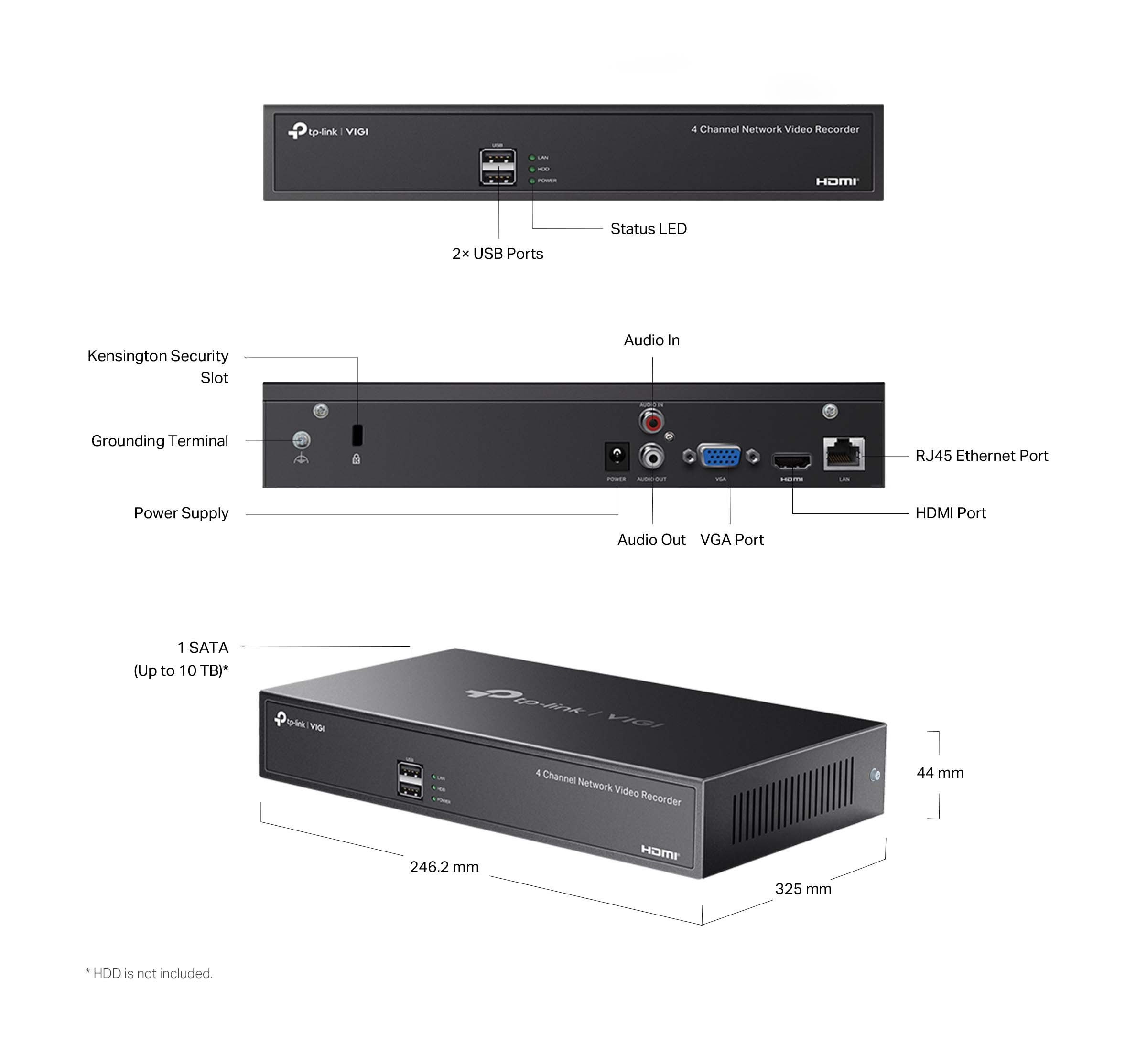 NVR TP-Link VIGI NVR1004H, 4-канален, RJ-45 10/100 Base-T, DC 12V/1.5A, до 10TB HDD - 6
