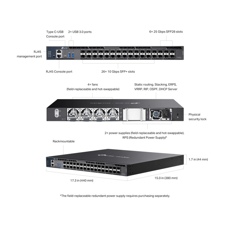 Управляван комутатор TP-Link Omada SX6632YF, 26 порта 10G, 6 слота 25G, L3, Rackmount - 2