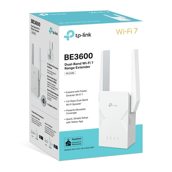 Wi-Fi удължител TP-Link RE225BE, BE3600 Dual-Band Wi-Fi 7, 2 външни антени - 7