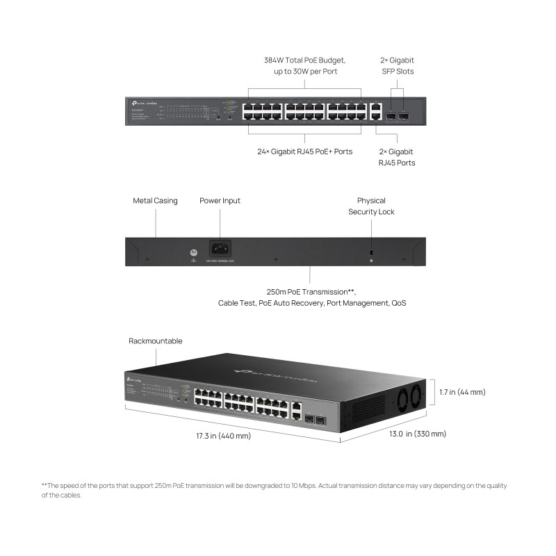 Мрежов комутатор TP-LINK Omada ES228GMP, 28 порта, 24× PoE+, Gigabit Ethernet - 2