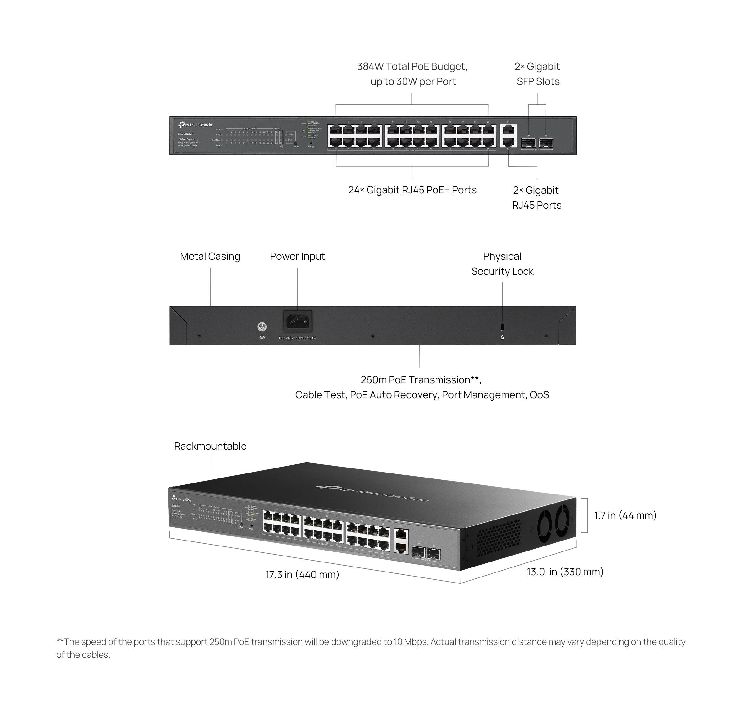 Мрежов комутатор TP-LINK Omada ES228GMP, 28 порта, 24× PoE+, Gigabit Ethernet - 2