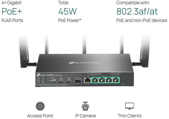 VPN рутер TP-Link Omada ER706WP-4G, AX3000, 4-портов PoE+ - 5