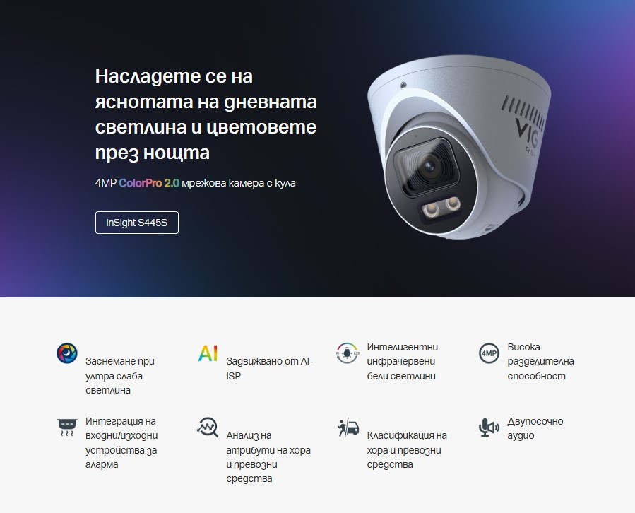 Мрежова камера TP-Link VIGI InSight S445S, 4MP, 2.8mm, куполна - 2