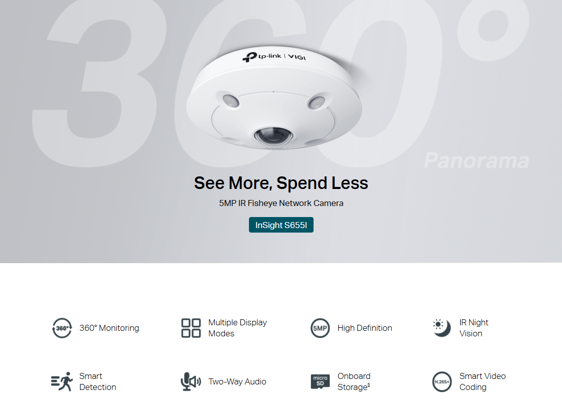 Мрежова камера TP-Link VIGI InSight S655I, 5MP Fisheye и fisheye обектив за 360° покритие без мъртви зони, IR Night Vision, MicroSD до 512GB - 2