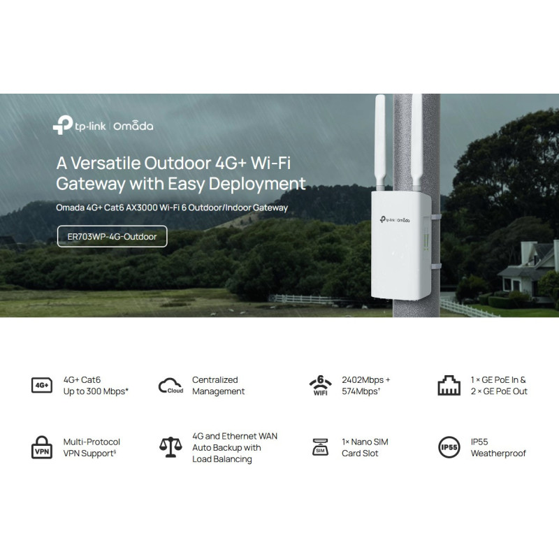 Гигабитен външен/вътрешен TP-Link Omada ER703WP-4G-Outdoor Gateway 4G+ Cat6 AX3000 Wi-Fi 6 - 8