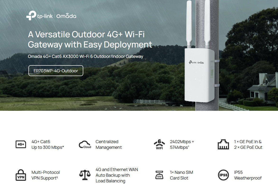 Гигабитен външен/вътрешен TP-Link Omada ER703WP-4G-Outdoor Gateway 4G+ Cat6 AX3000 Wi-Fi 6 - 8