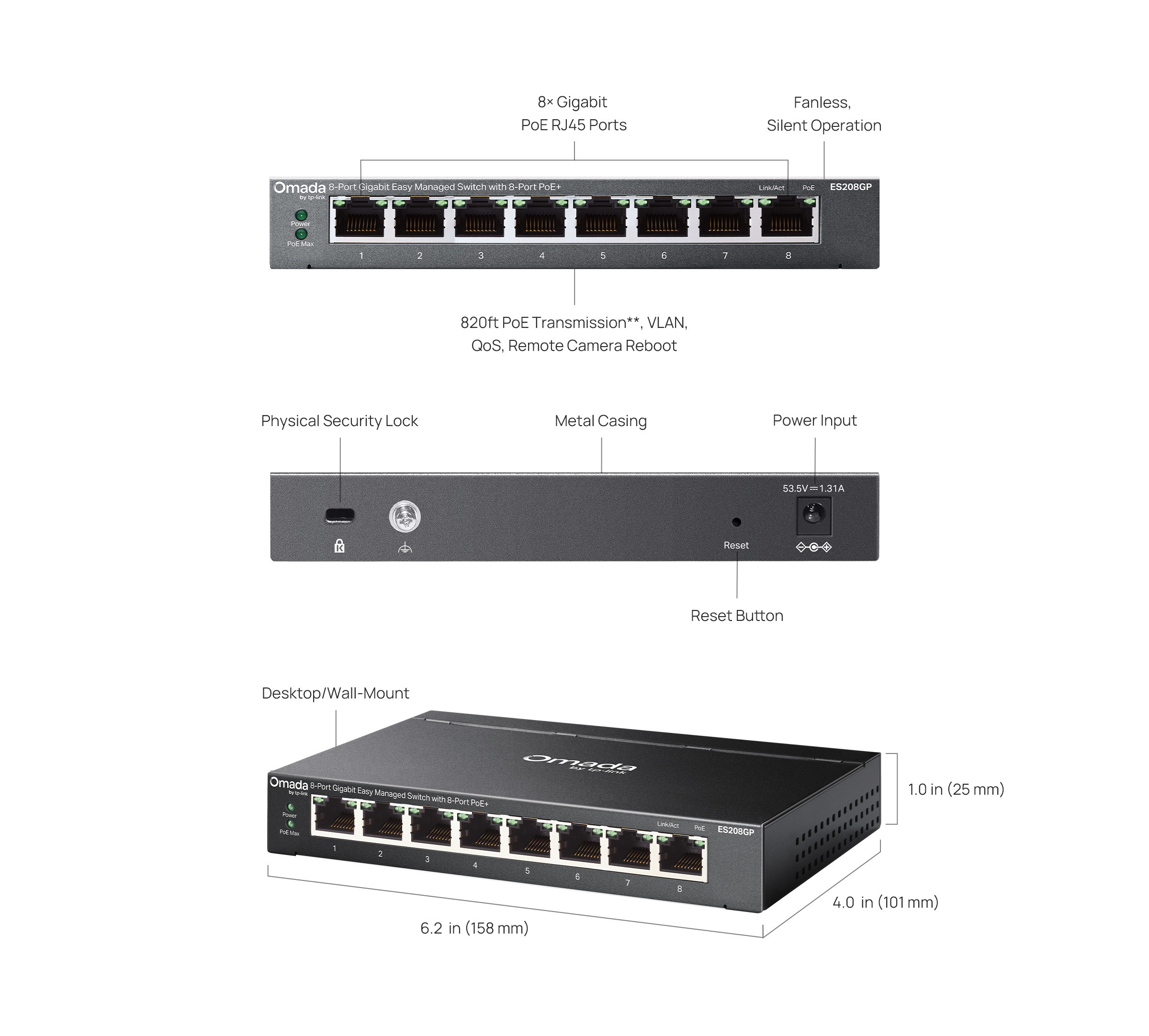 Мрежов комутатор TP-Link Omada ES208GP, 8× Gigabit PoE+ портa, Easy Managed - 2