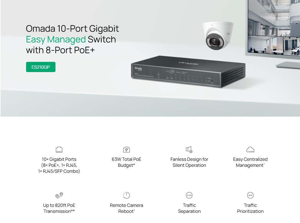 Мрежов комутатор TP-LINK Omada ES210GP, 10 портов Gigabit Easy Managed, 8× PoE+ - - 2