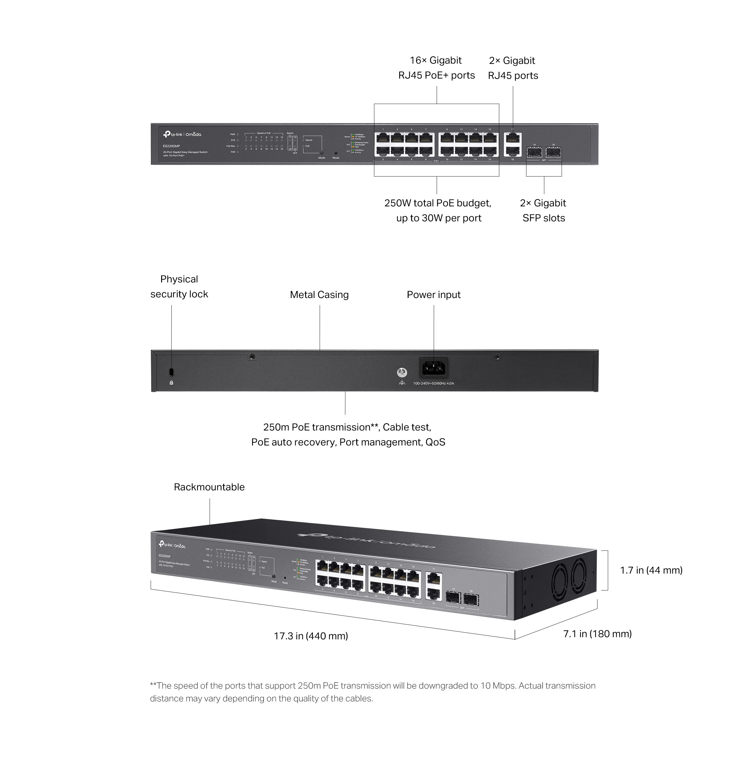 Мрежов комутатор TP-Link Omada ES220GMP, 20 порта Gigabit, 16 PoE+, управляем - 2