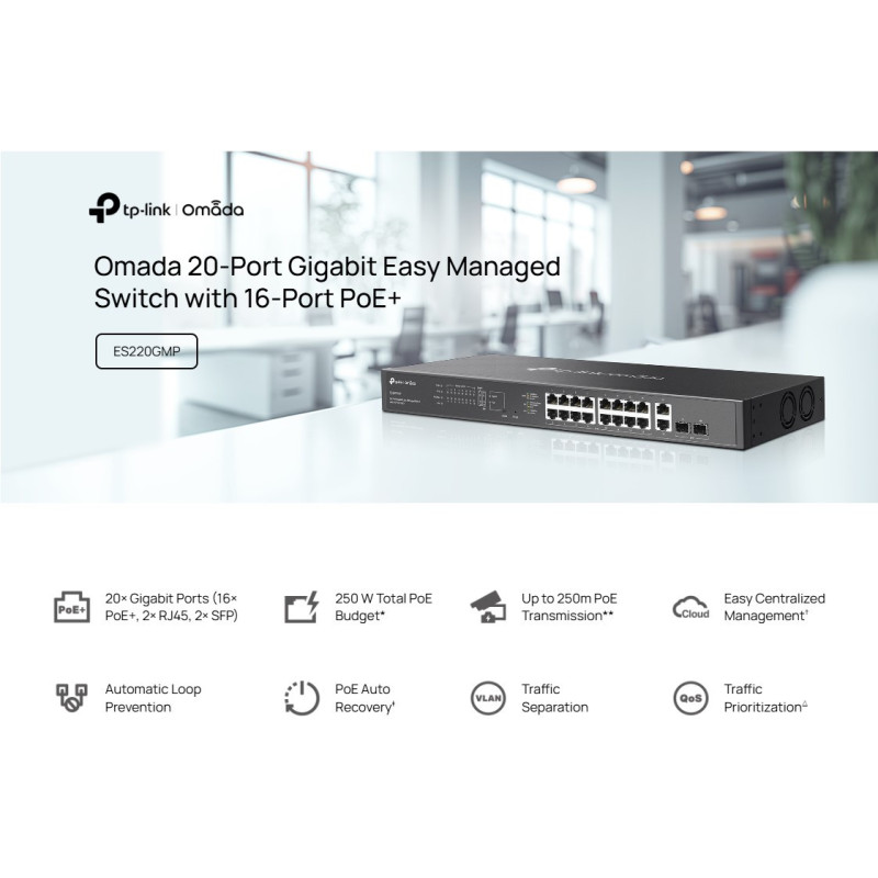 Мрежов комутатор TP-Link Omada ES220GMP, 20 порта Gigabit, 16 PoE+, управляем - 4