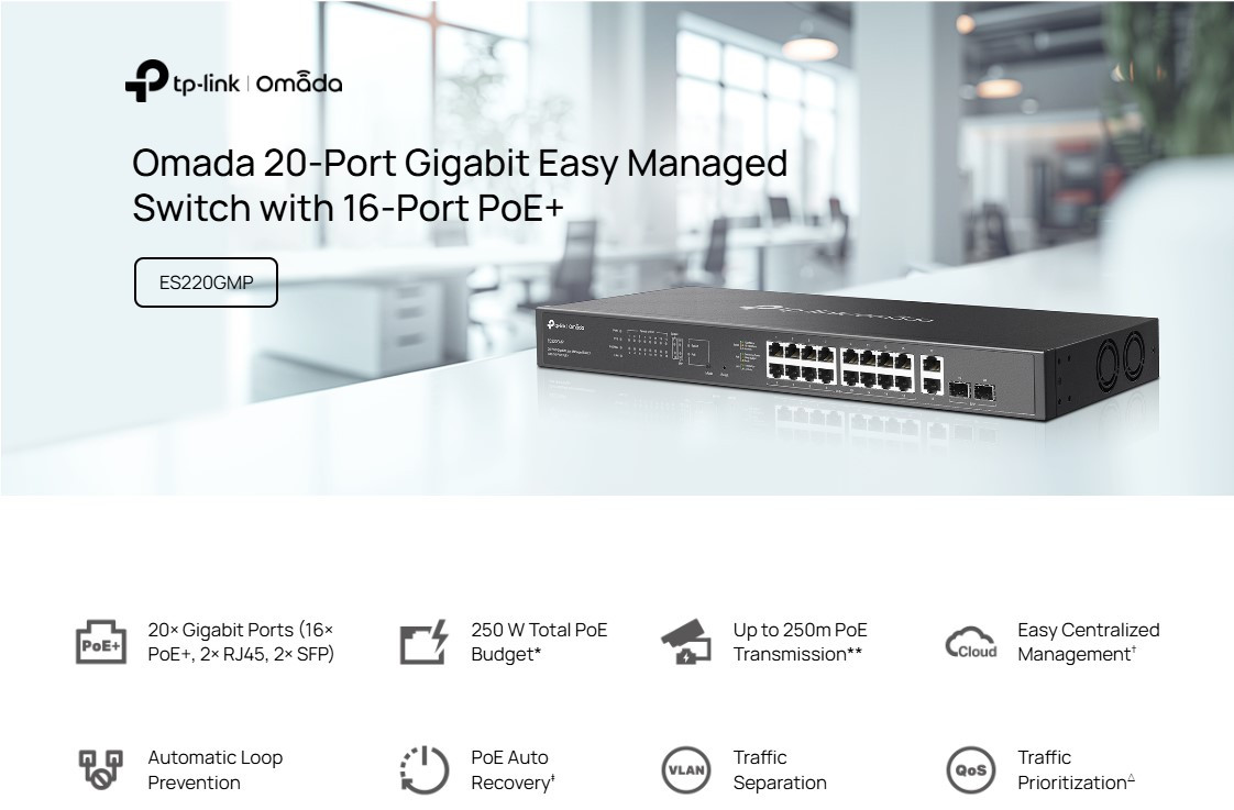 Мрежов комутатор TP-Link Omada ES220GMP, 20 порта Gigabit, 16 PoE+, управляем - 4