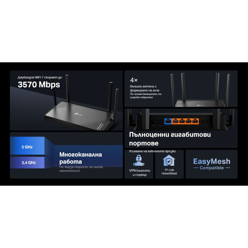 Wi-Fi 7 рутер TP-LINK Archer BE220, BE3600, 2.4 GHz 688 Mbps, 4x 1Gbps LAN, Desktop - 4