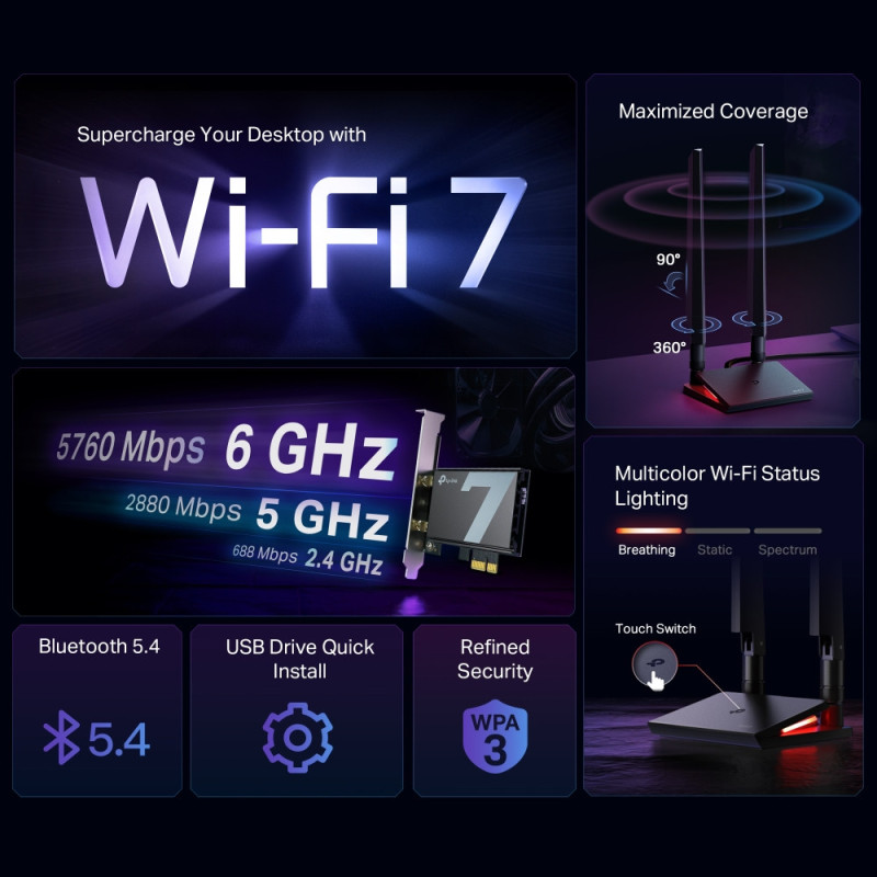 Wi-Fi 7 адаптер TP-Link Archer TBE550E, PCIe, Bluetooth 5.4, Wi-Fi 7 BE9300 - 2
