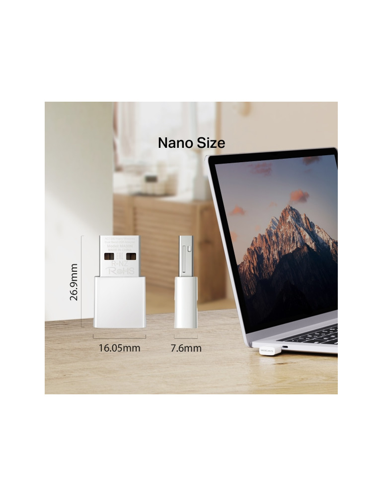 Безжичен адаптер Mercusys MA30N, AC1300 2-лентов, USB 2.0 - 2
