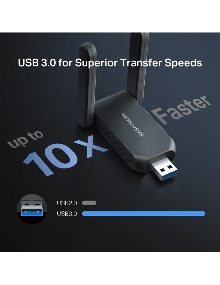 Wi-Fi адаптер Mercusys MA37BEH, USB 3.0, BE6500, 2 външни антени с висок коефициент на усилване - 7