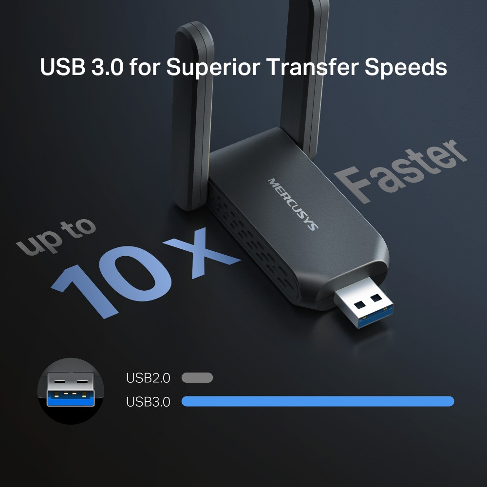 Wi-Fi адаптер Mercusys MA37BEH, USB 3.0, BE6500, 2 външни антени с висок коефициент на усилване - 7