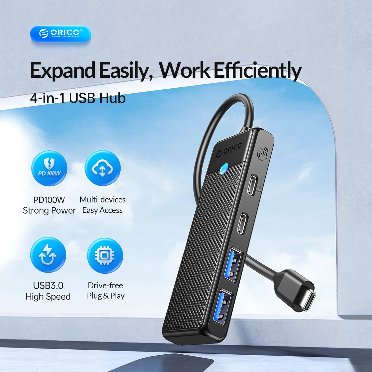 USB хъб Orico PAPW2AC-C3-05-BK, 2x USB 3.0 + 2x USB-C 3.1 - PAPW2AC-C3-05-BK-EP - 4
