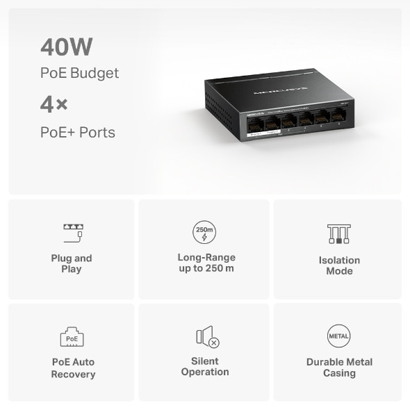 Мрежов комутатор Mercusys MS106LP, 6 портa 10/100 Mbps с 4 PoE+ - 4
