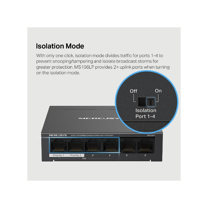 Мрежов комутатор Mercusys MS106LP, 6 портa 10/100 Mbps с 4 PoE+ - 7
