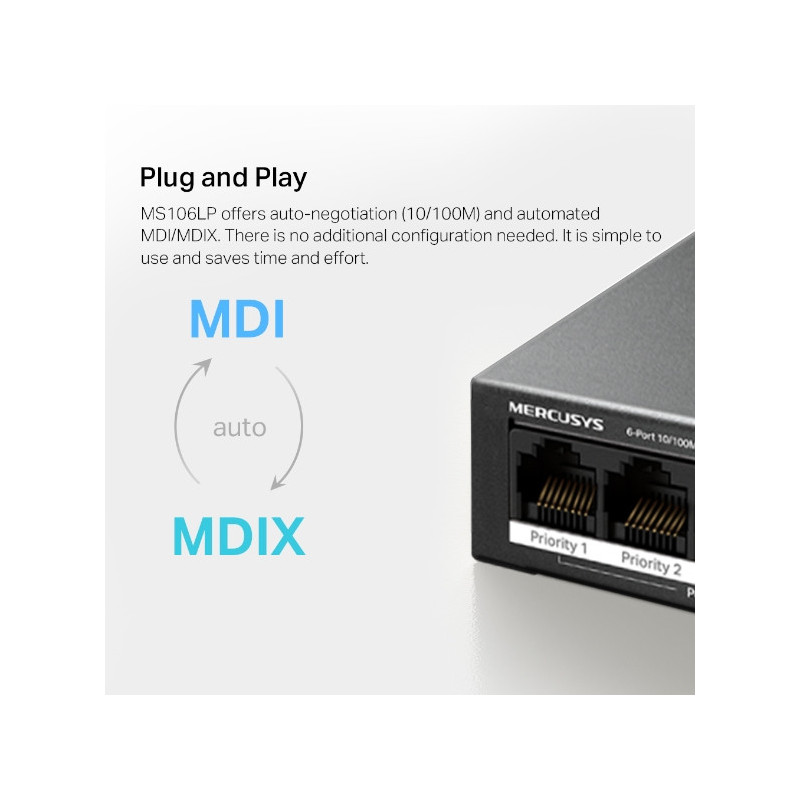 Мрежов комутатор Mercusys MS106LP, 6 портa 10/100 Mbps с 4 PoE+ - 9
