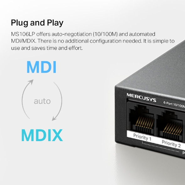 Мрежов комутатор Mercusys MS106LP, 6 портa 10/100 Mbps с 4 PoE+ - 9