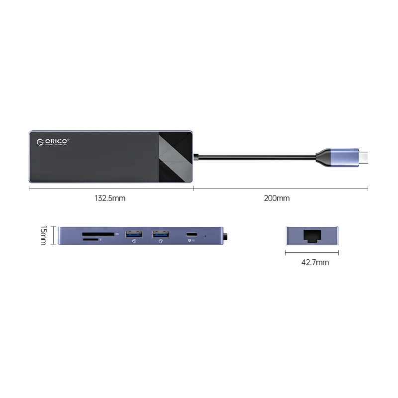 Докинг станция Orico DM-10P-BK-BP, Type-C, HDMI, USB-A x4, USB-C PD100W, LAN 1Gbps, SD/TF - DM-10P-BK-BP - 2