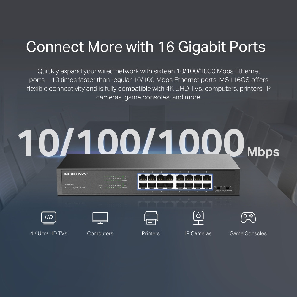 Мрежов комутатор Mercusys MS116GS, 16-портов Gigabit - 5
