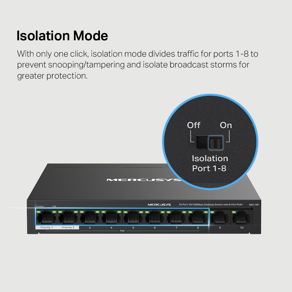 Мрежов комутатор Mercusys MS110P, 10x Gigabit Ethernet портове, Desktop/Rackmount - 6