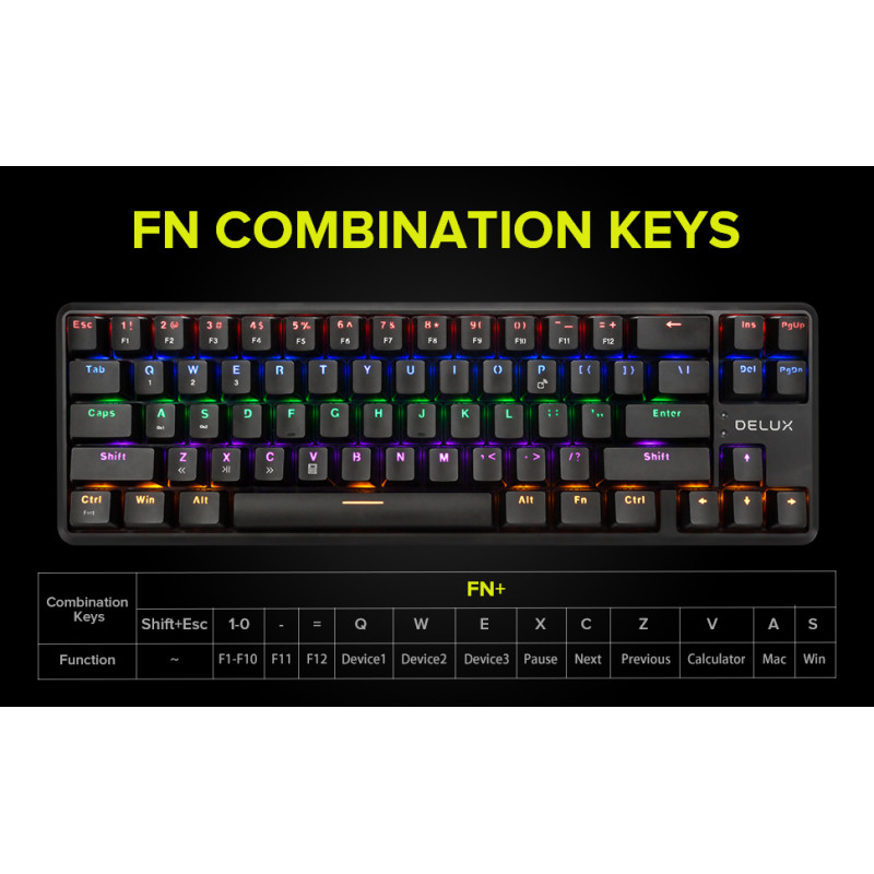 Bluetooth механична нископрофилна геймърска клавиатура DELUX KM32, Brown switch, RGB LED, Bluetooth 5.0 - 3