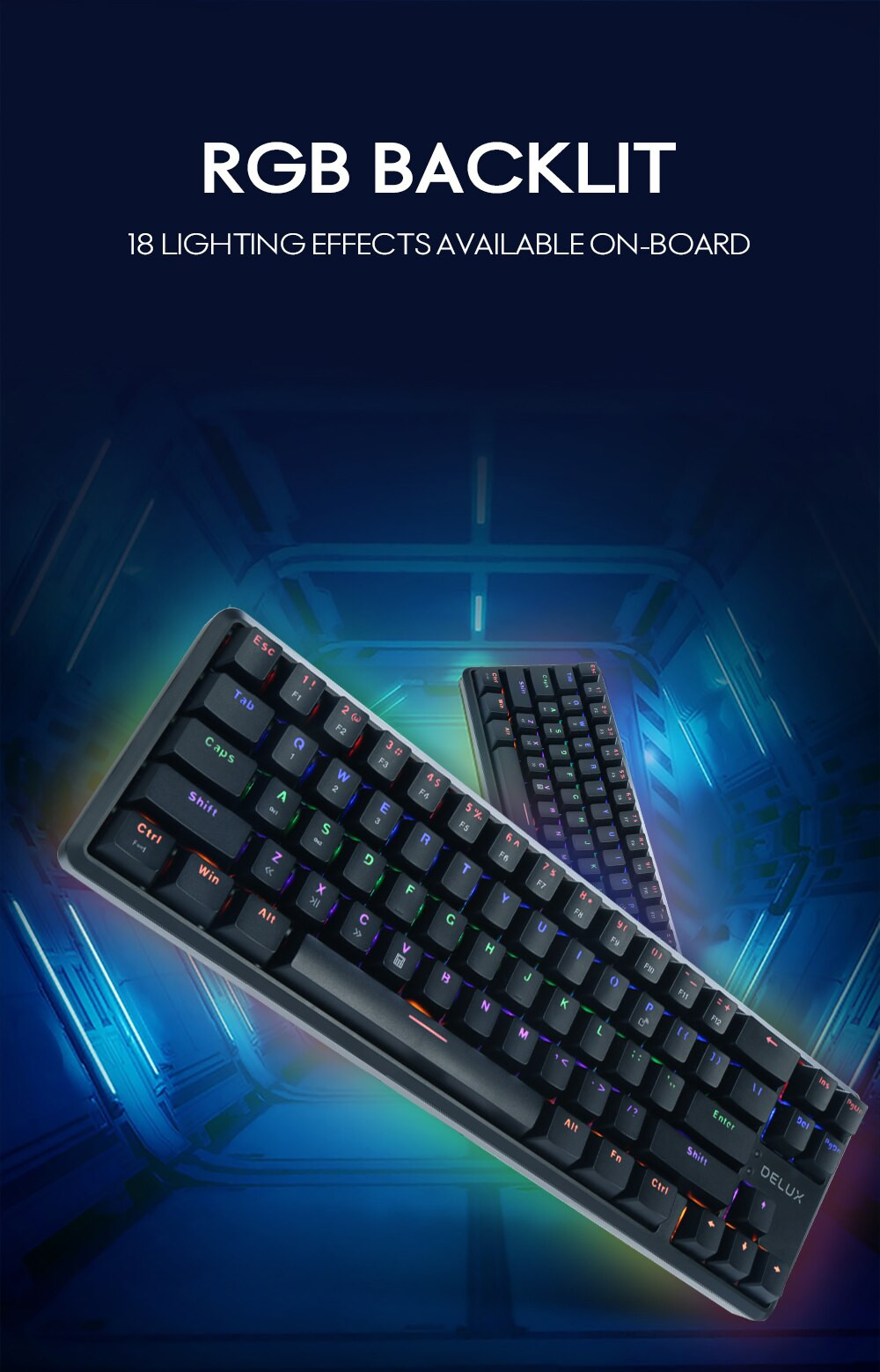 Bluetooth механична нископрофилна геймърска клавиатура DELUX KM32, Brown switch, RGB LED, Bluetooth 5.0 - 5
