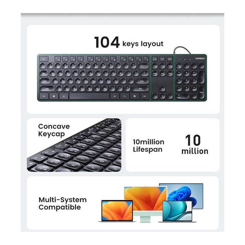 Клавиатура Ugreen KU004, Мембранна, USB, БДС Кирилизация, 1.5m - 45205 - 3