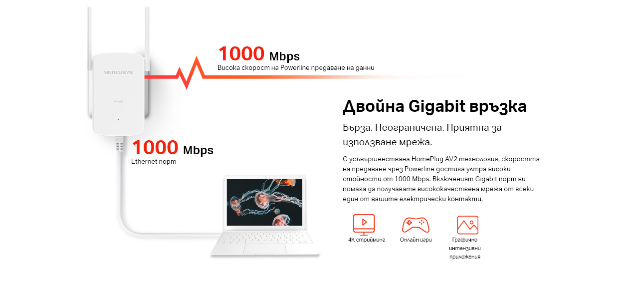 Powerline адаптер Mercusys MP510 KIT, AV1000 Gigabit WiFi - 4